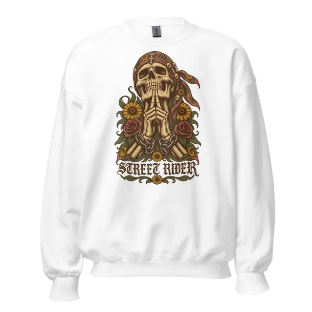A white crew neck sweatshirt with a printed design.