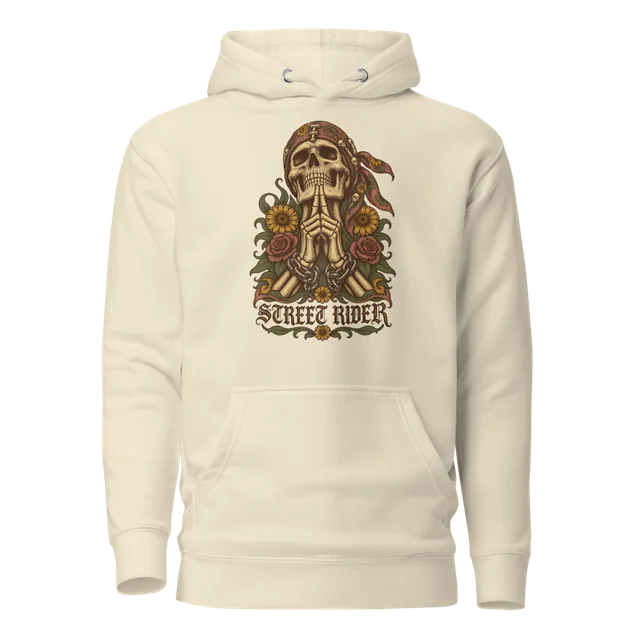 A bone hoodie with a printed design.