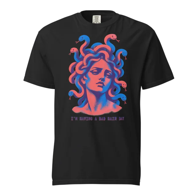 A black tee with a printed design.