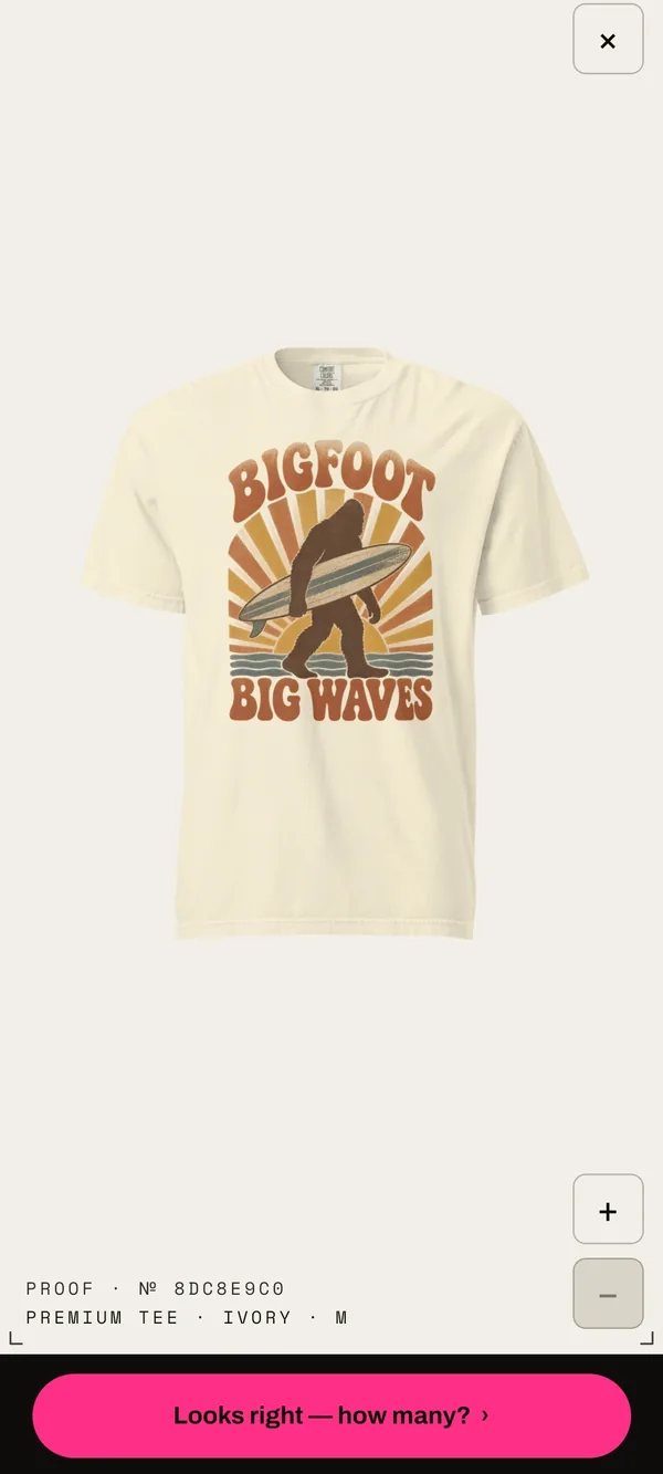 The same Bigfoot surf design on an ivory premium tee.