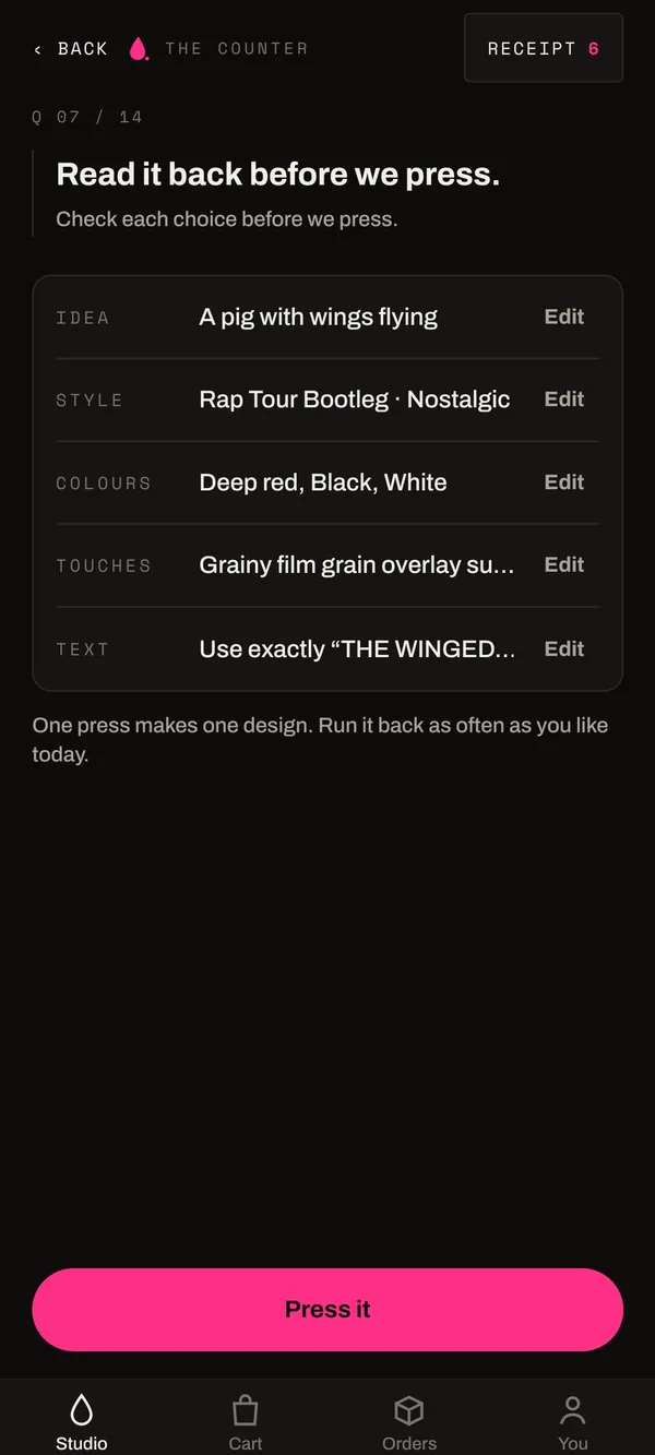 The app reads the brief back, line by line, with an Edit button on every line.