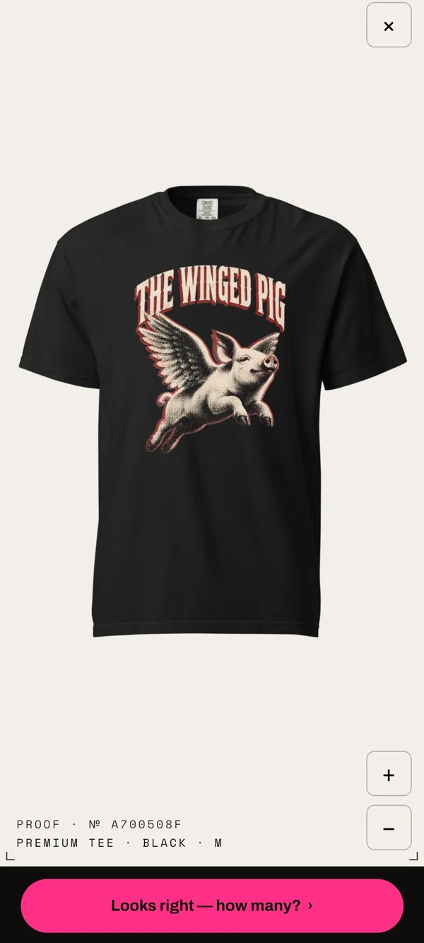 The proof: the winged pig design on a black tee, shown before payment.