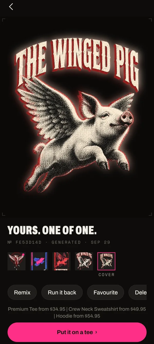 The finished design: a winged pig under the words The Winged Pig. The caption reads Yours. One of one.